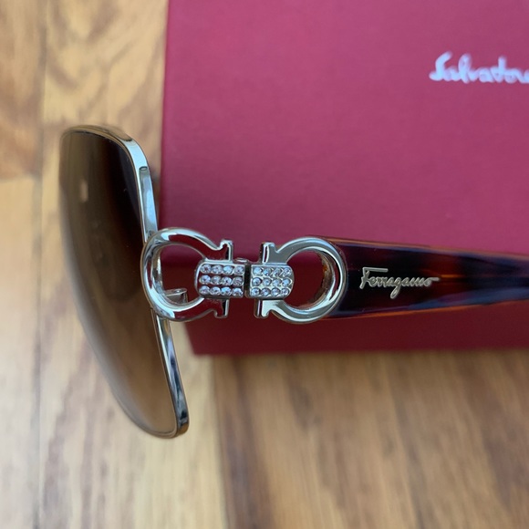 Ferragamo gold and rhinestone trim brown lens sunglasses
